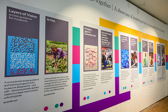 Exhibition wall panel headed 'A showcase of inspiring projects co-created with our partners', featuring the Layers of Vision project on the left — a co-produced access guidance and training programme